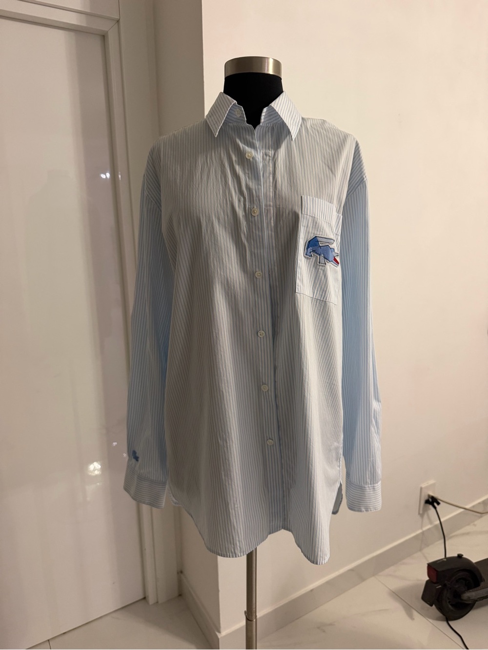 Lacoste Light Blue & White Striped Women's Button-Down Shirt with Pocket Patch